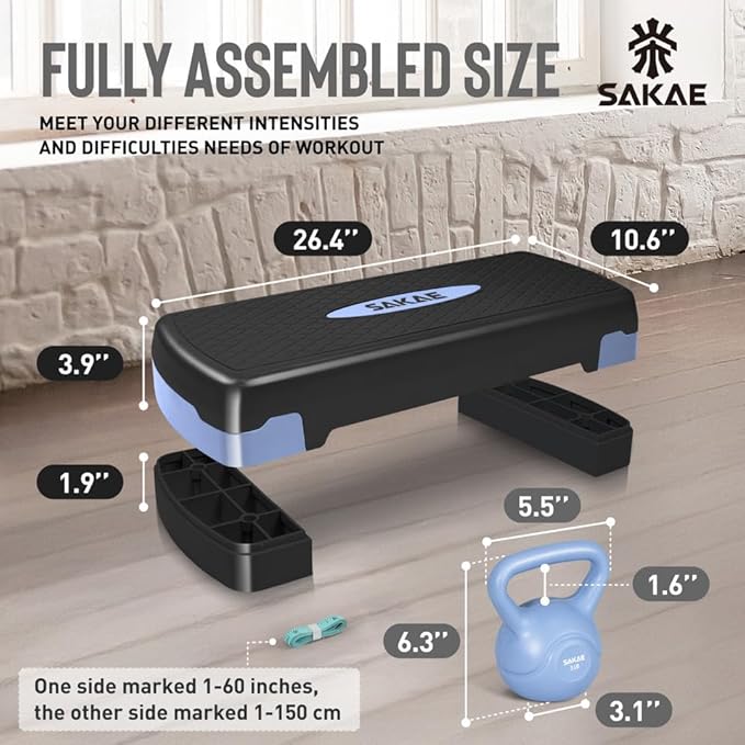 Adjustable Height Aerobic Stepper Set, Multiple Bundle Options with Dumbbells, Kettlebell, Waist Trimmer, Ankle Weights or Weighted Vest, Workout Exercise Step Platform w/Level Risers, 4 Colors