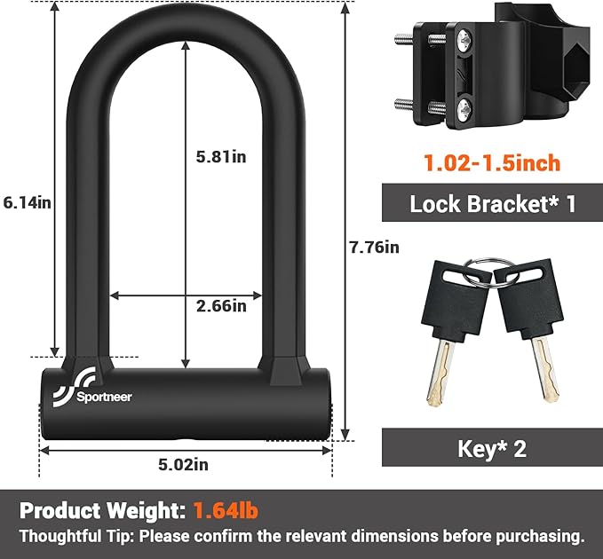 Sportneer Bike Lock - 17mm Shackle Heavy Duty Anti Theft Bike U Lock with 2 Keys - Bicycle U-Locks with Sturdy Mounting Bracket for Road, Mountain, Electric & Folding Bike, Size 7.76''x5.02''