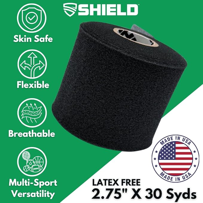 Shield Athletic Underwrap | Bulk Case of 48 Rolls of PreWrap, Hair Tie, Headband, USA Made, Pre-Wrap Athletic Tape, 2.75" X 30 SYards, Foam Barrier, Flexible, Breathable (Black)