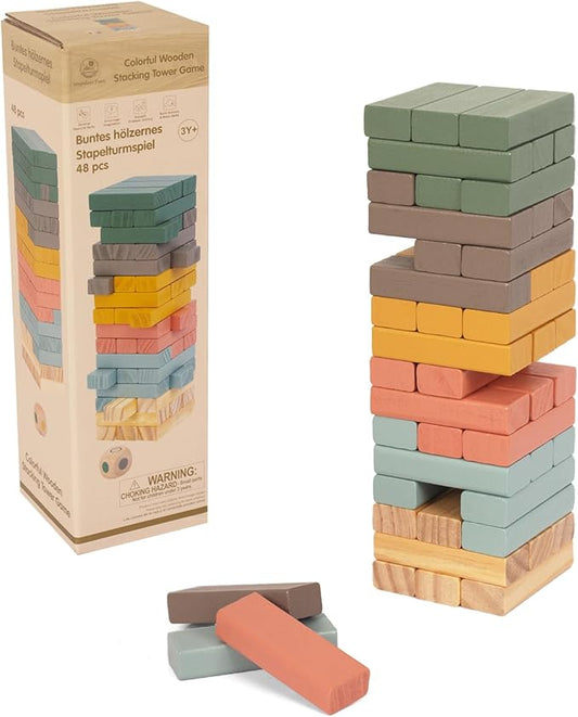 Wooden Blocks Stacking Games, 48PCS Tumbling Stacking Blocks Game for Kids and Families, Wood Colorful Balancing Blocks Montessori Toys for Kids