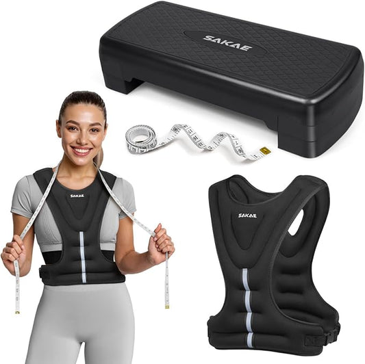 Adjustable Height Aerobic Stepper Set, Multiple Bundle Options with Dumbbells, Kettlebell, Waist Trimmer, Ankle Weights or Weighted Vest, Workout Exercise Step Platform w/Level Risers, 4 Colors