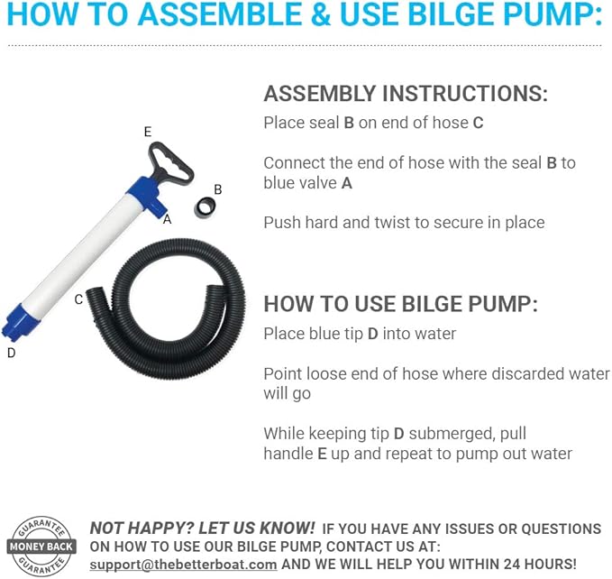 Manual Bilge Pump for Boats, Kayak, Canoe, Hand Water Pump with Hose, Portable Handheld Siphon Bailer, 20 Gallons Per Minute Suction, Marine Grade