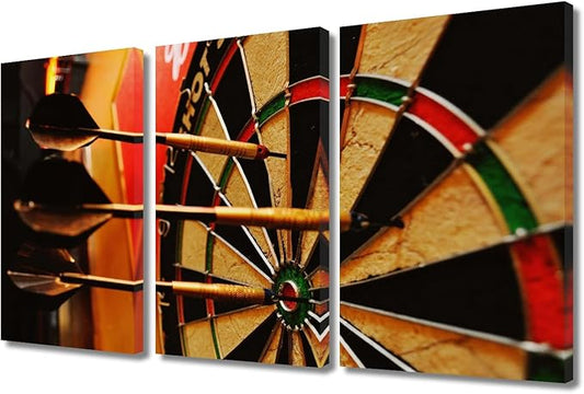 TUMOVO 3 Pieces Modern Home Decoration Inspirational Wall Art, Dart Hits the Bullseye Picture Sports Theme Painting Print on Canvas Contemporary Artwork Stretched Wood Frame Ready to Hang(24" Wx36 H)