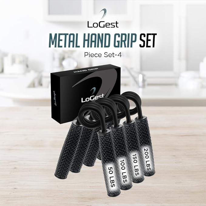 Logest Metal Hand Grip Set, 100LB-200LB 3 Pack 50LB-200LB 4 Pack No Slip Heavy-Duty Grip Strengthener with Gift Box, Great Wrist & Forearm Hand Exerciser, Home Gym, Hand Gripper Grip Strength Trainer