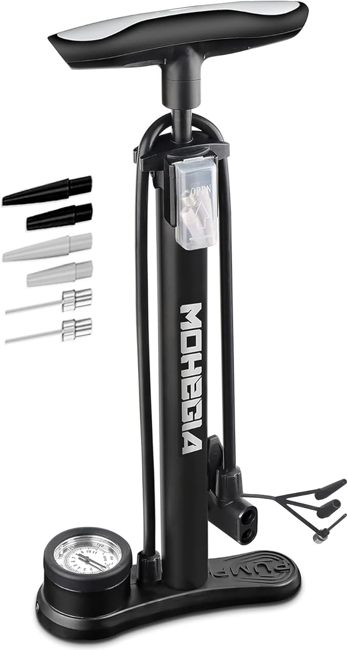 MOHEGIA Bike Floor Pump with Gauge: Air Bicycle Pump with High Pressure 160 PSI,Fits Schrader and Presta Valve -Inflator with Ball Pump Needles for MTB Road Bike, Ball, Balloon, Inflatables