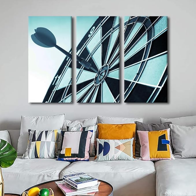 3 Panels Wall Art Dart Board Paintings Dart Hits the Bullseye Bar Decor Hit the Target Pictures Wall Decor Living Room Club Artwork Contemporary House Decorations Framed Ready to Hang(40"Wx60"H)