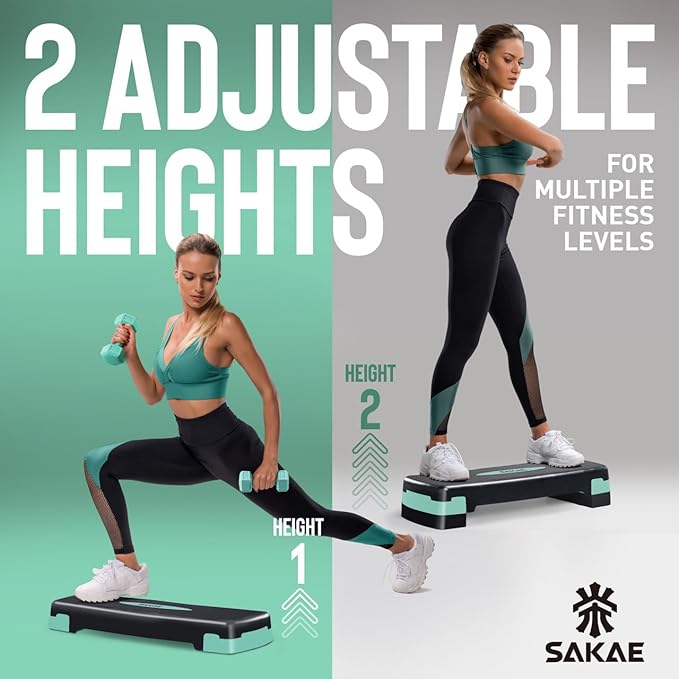 SAKAE Adjustable Aerobic Stepper Kit with Dumbbells & Kettlebell & Weightlifting Belt & Measuring Tape, 2 Level Risers Exercise Step Platform for Home Gym Exercise Fitness Workout, Multiple Colors