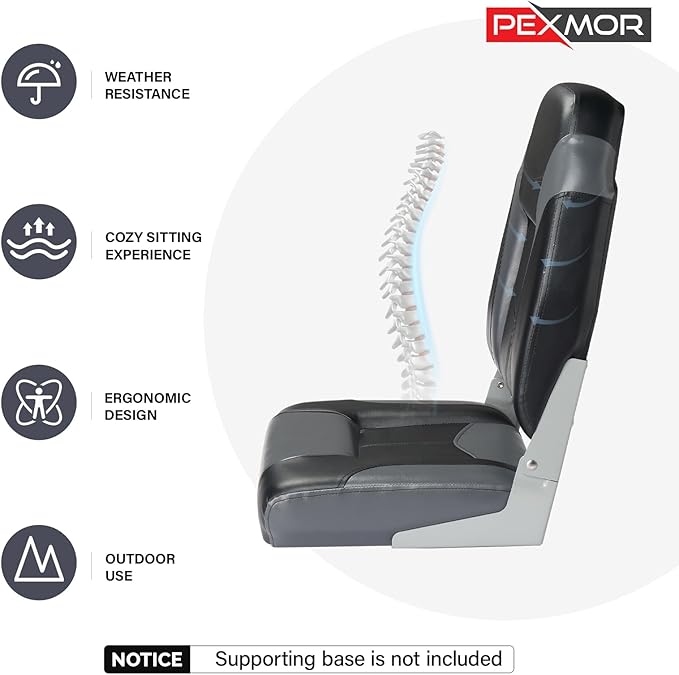 PEXMOR Boat Seats Low/High Back, Folding Boat Seat Included, Fold-Down Fishing Boat Seats Waterproof Captain Boat Seat w/Aluminum Hinges & Thick Soft Cushion, 2 Packs (High Back-Grey & Black)