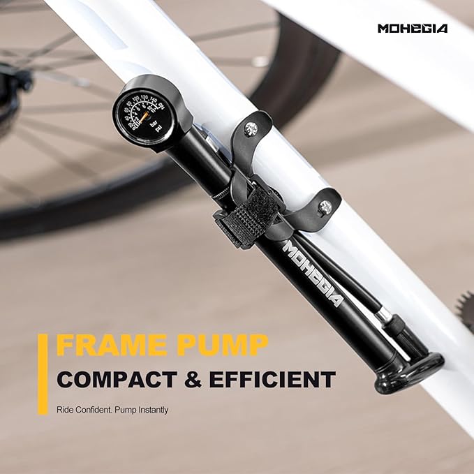 MOHEGIA Bike Frame Pump with Gauge: Protable Bicycle Pump 160 PSI - Fits Schrader & Presta Valve - Compact Mini & Durable Fast Inflation with Ball Pump Needles