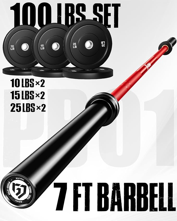 PB01 7FT Olympic Barbell, Weight Bar with Knurled Grip, 1000lb Capacity Strength Training Deadlift Bar for Squat, Weightlifting, Bench Press, Fits 2-inch Standard Weight Plates