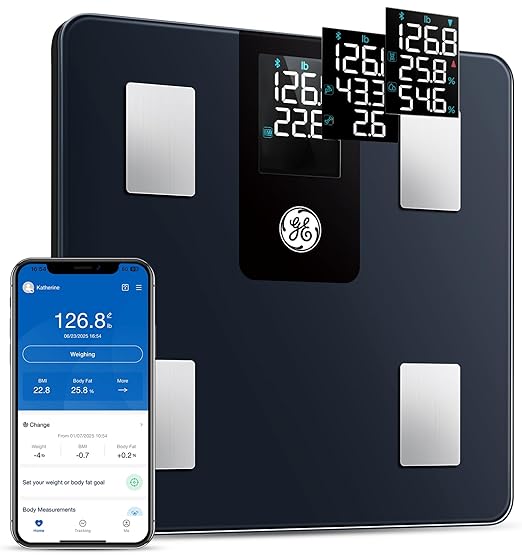 GE Smart Scale for Body Weight BMI Fat Muscle Mass with All-in-one LCD Display, Digital Bathroom Weight Scales Bluetooth Body Composition Analyzer with App, Accurate Weighing, 400 lbs / 180 kg