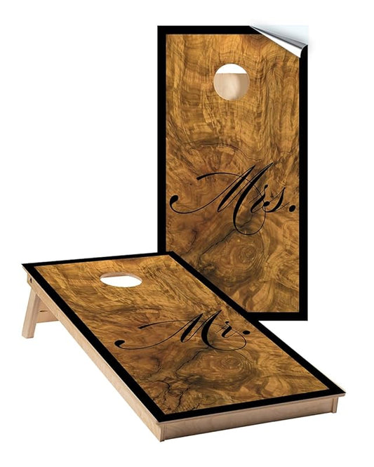 Cornhole Board Wraps 529 - Mr. & Mrs. Wood Wedding Cornhole Game Graphic Decals - Includes Application Squeegee - Set of (2) 25" x 49" Wraps with Gloss Laminate