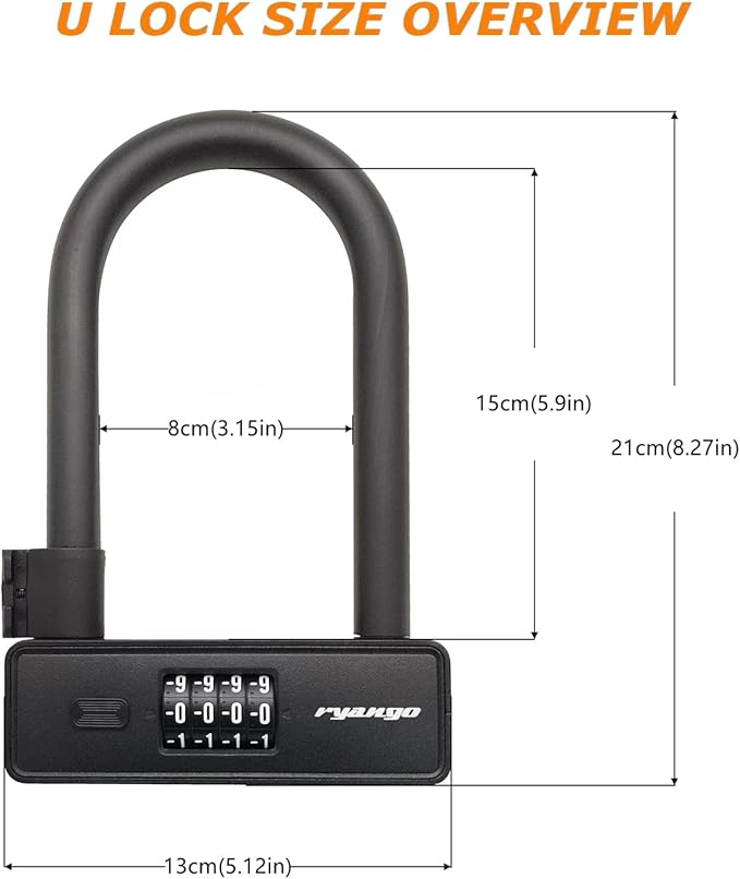 Bike U Lock, Heavy Duty Anti Theft U Lock with 6ft Steel Cable, 4-Digit Combination Type Bicycle U Lock with Mounting Bracket for Bike, Motorcycle, Scooter, Door, Fence