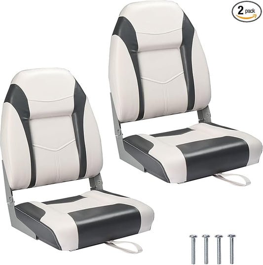 PEXMOR Boat Seats Low/High Back, Folding Boat Seat Included, Fold-Down Fishing Boat Seats Waterproof Captain Boat Seat w/Aluminum Hinges & Thick Soft Cushion, 2 Packs (High Back-Grey & White)