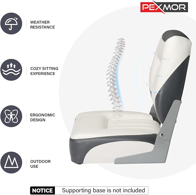 PEXMOR Boat Seats Low/High Back, Folding Boat Seat Included, Fold-Down Fishing Boat Seats Waterproof Captain Boat Seat w/Aluminum Hinges & Thick Soft Cushion, 2 Packs (Low Back-Grey & White)