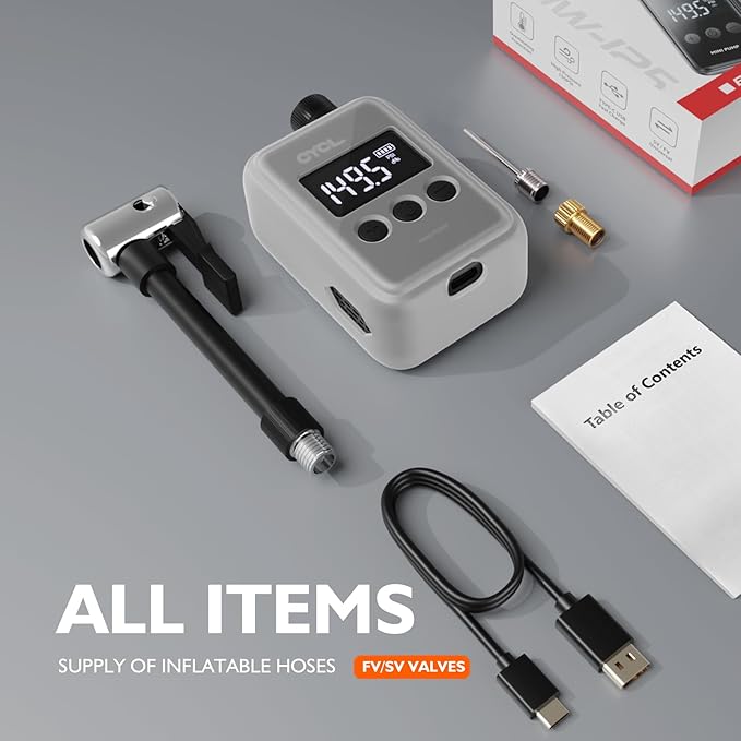 150 PSI Electric Bike Pump - Mini Portable Air Compressor with Digital Pressure Gauge, Auto-Off, Fast USB-C Charging for Presta/Schrader Valves - Cordless Bicycle Tire Inflator for Road/MTB