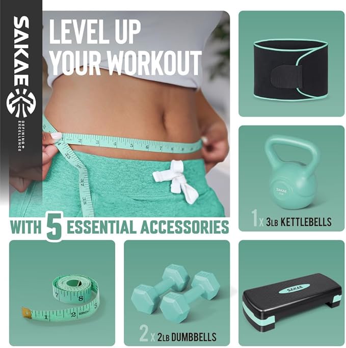 SAKAE Adjustable Aerobic Stepper Kit with Dumbbells & Kettlebell & Weightlifting Belt & Measuring Tape, 2 Level Risers Exercise Step Platform for Home Gym Exercise Fitness Workout, Multiple Colors