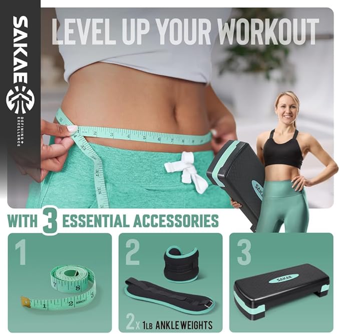 Adjustable Height Aerobic Stepper Set, Multiple Bundle Options with Dumbbells, Kettlebell, Waist Trimmer, Ankle Weights or Weighted Vest, Workout Exercise Step Platform w/Level Risers, 4 Colors