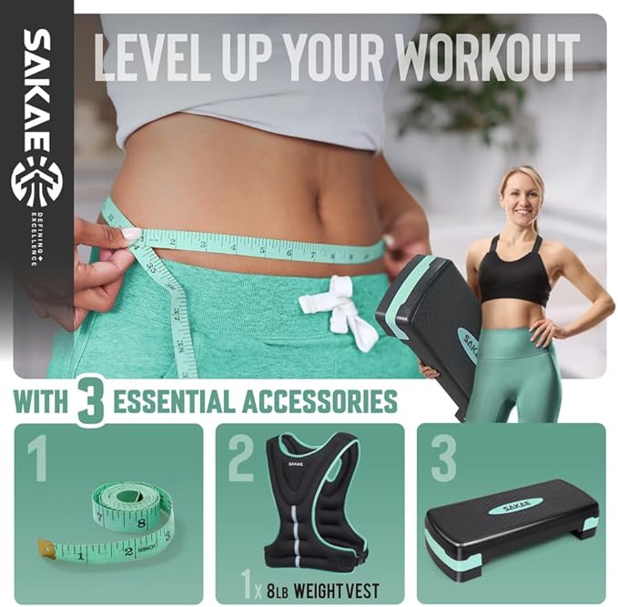 Adjustable Height Aerobic Stepper Set, Multiple Bundle Options with Dumbbells, Kettlebell, Waist Trimmer, Ankle Weights or Weighted Vest, Workout Exercise Step Platform w/Level Risers, 4 Colors