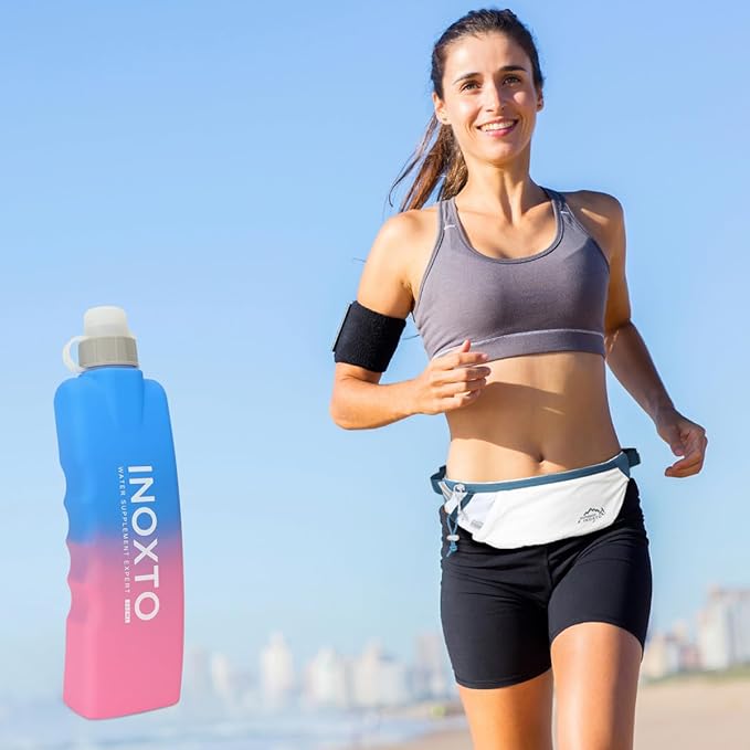 INOXTO Slim Running Belt Fanny Pack for Women and Men Sports Waist Bag Pack with 300ml Water Bottle for Running Walking Cycling Hiking Reflective Running Pouch Belt for All Phones (White Blue)
