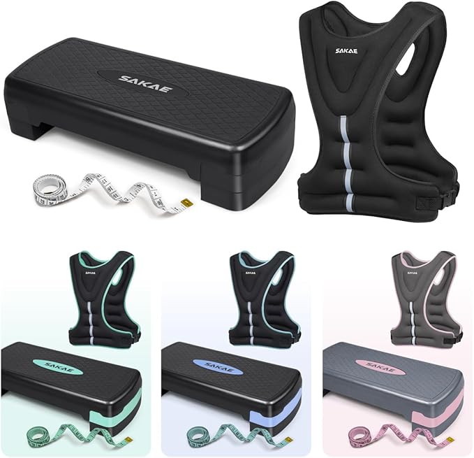 SAKAE Aerobics Step Platform Set with Weighted Vest & Measuring Tape, Adjustable Height 2 Level Risers Workout Step Trainer with Non-Slip Surface, Step Platform for Home Exercise, Multiple Colors