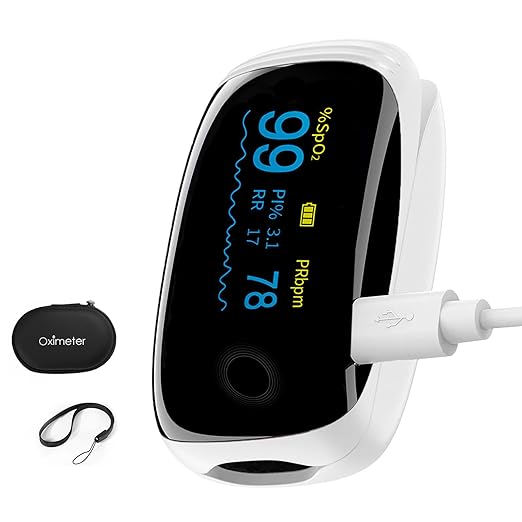 Rechargeable Pulse Oximeter Fingertip Oxygen Monitor Fingertip with SpO2 Pulse Rate and PI RR OLED Precision Fast Oximeter SpO2 Reading Outdoor Sports Home (White)