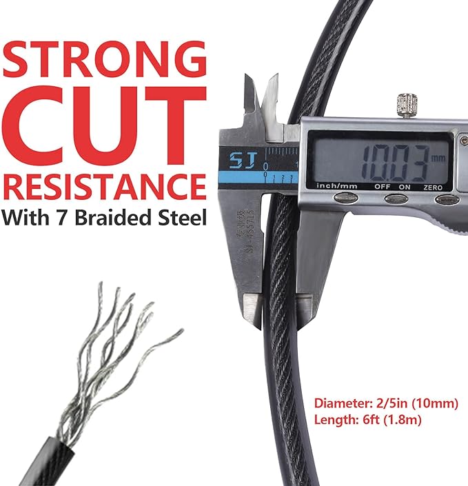 DELSWIN Security Steel Cable with Loops - 3/8 inch (10 mm) Thick (6' or 15') Heavy Duty Bike Lock Cable Vinyl Coated Braided Cables for U-Lock and Padlock