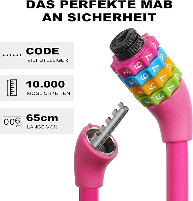 25 Inch Bike Lock Cable, Portable Anti Theft 4 Digits Codes Cable Locks, Resettable Combinations Coiling Bicycle Lock for Bike, Motorbike, Scooter, Skateboard, Gate, Fence (Pink)