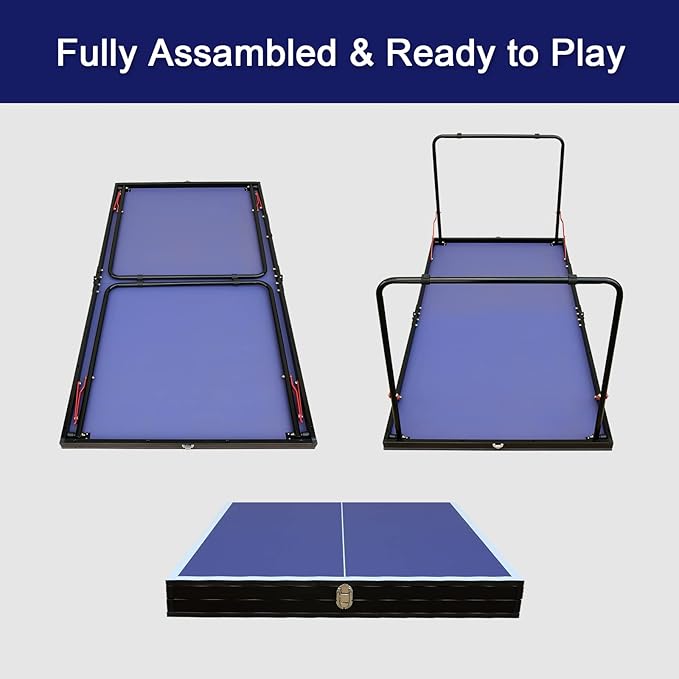 4FT/6FT/8FT/9FT Folding Rolling Table Tennis Table Regulation Ping Pong Table with 2 Paddles 3 Balls 1 Net and Post Set Fold-Up Design 4 Wheels for Easy Movement