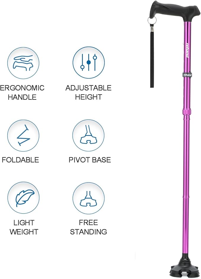 REHAND Walking Cane for Men & Women - Foldable, Adjustable, Lightweight, Self Standing Pivot Walking Cane, Soft Handle Grip, with Travel Bag, Walking Sticks for Seniors & Adults