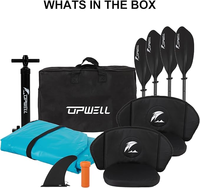 UPWELL 13'6”/11' Inflatable Recreational Kayak - 2 Person with Drop Stitch Floor and Accessories Including Kayak Seats with High Back Support, Paddle, Fin, Repair Kits, Carry Bag and Hand Pump