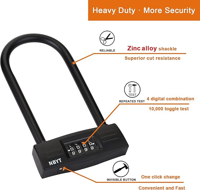 U Bike Lock - Heavy Duty Combination Lock for Motorcycle Wheel, Office Door, Fence & Gate - Resettable, Long Combination U-Lock in Black - Steel/Zinc/PVC Construction - 8.8 x 4.7 x 1.1 Inches