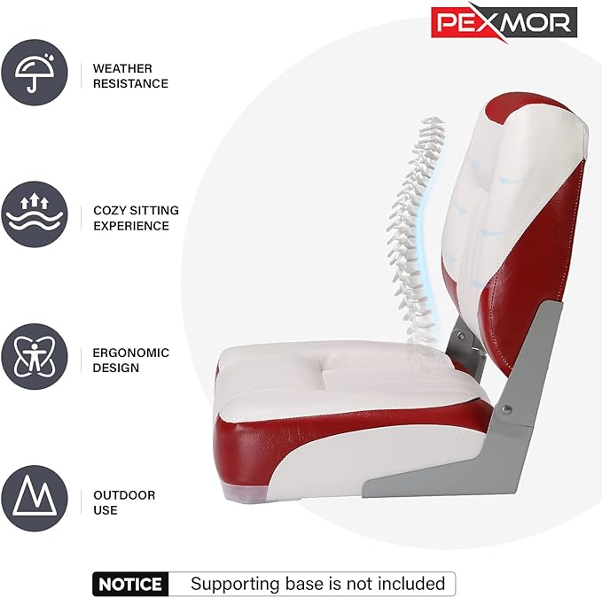 PEXMOR Boat Seats Low/High Back, Folding Boat Seat Included, Fold-Down Fishing Boat Seats Waterproof Captain Boat Seat w/Aluminum Hinges & Thick Soft Cushion, 2 Packs (Low Back-Red & White)