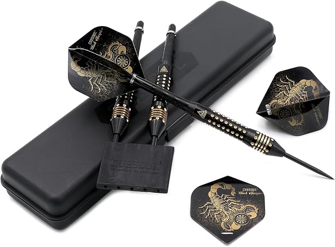 CUESOUL Steel Tip Darts Set 20/22/24 Grams with Deluxe PU Darts case-Black Scorpion Series
