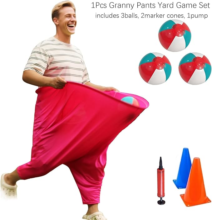 Granny Pants Yard Game Set - Peculiar Outdoor Game Granny Pants with 3 Bouncy Balls, 2 Marker Cones & Air Pump, Perfect for Family Reunion Games, Backyard Gatherings & Team Games