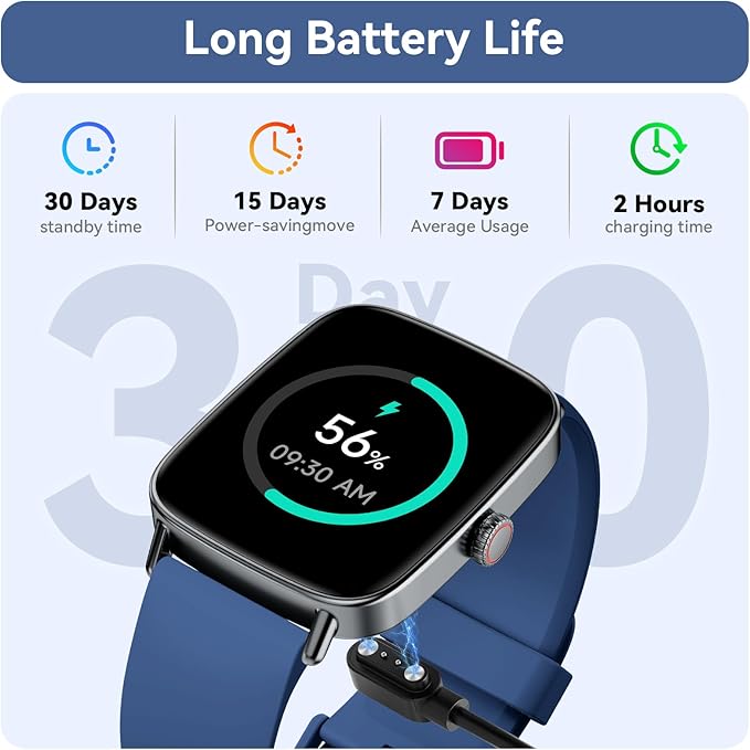Smart Watch for Women/Men Android & iPhone, 1.85" Touch Screen Fitness Tracker with Answer/Make Call, IP68 Waterproof 24/7 Health/Sleep Monitor, Pedometer, 100+ Sport Modes (2 Bands), Dark Blue
