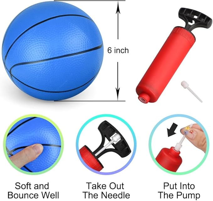 Dilabnba 6 inches Mini Basketball Toy Set for Kids (Deflated/Pump Included) Over The Door Mini Hoop Basketball Replacements for Kids Teenagers for Pool, Indoors, Outdoors (Blue)