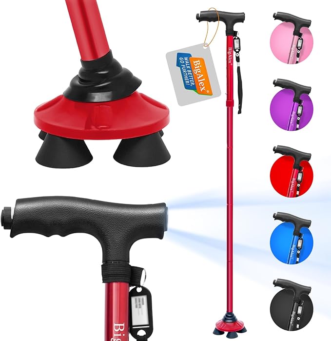 BigAlex Folding Walking Cane with LED Light,Pivoting Quad Base,Adjustable Walking Stick with Carrying Bag for Men/Women(5'5''-6'3'' Red)