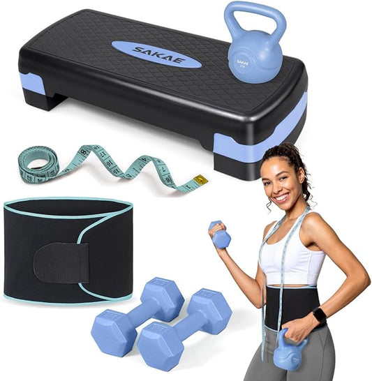 Adjustable Height Aerobic Stepper Set, Multiple Bundle Options with Dumbbells, Kettlebell, Waist Trimmer, Ankle Weights or Weighted Vest, Workout Exercise Step Platform w/Level Risers, 4 Colors