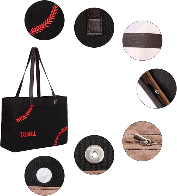 XL Baseball Mom Tote Bags For Women Canvas Utility Purse Handbag with Pockets