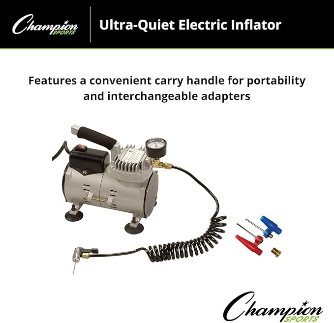 Champion Sports Electric Ball Inflator with Needle - Quiet Air Compressor for Basketball, Soccer, Volleyball & Sports Balls, High PSI Rating, Fast Inflation, 110-120V AC Power for Gym & School Use