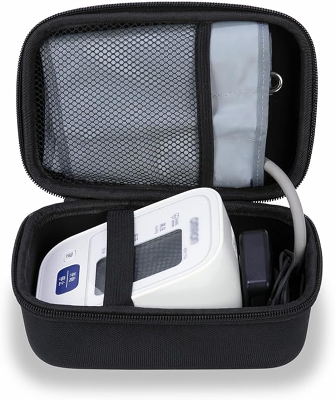 Ginsco Compact Hard Shell Case for Blood Pressure Monitor, Compatible with Omron Bronze/iHealth/Oklar, Portable Carrying Travel Case with Handle, Mesh Pocket for Cuff/Batteries/Charger (Black, M)