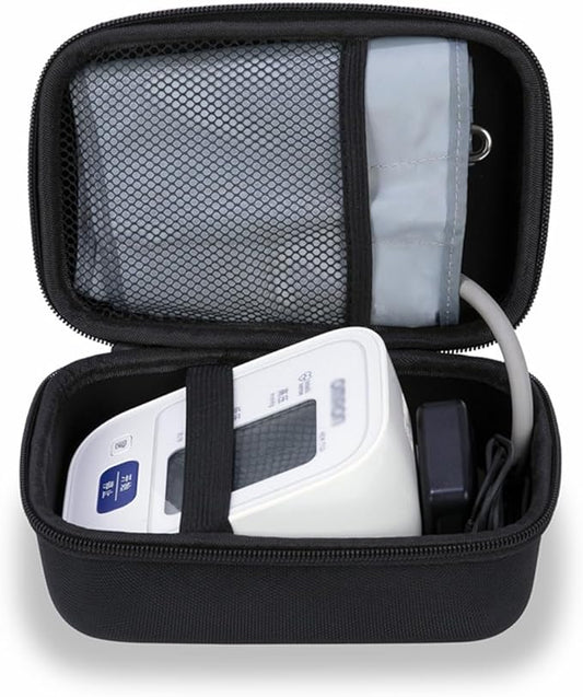 Ginsco Compact Hard Shell Case for Blood Pressure Monitor, Compatible with Omron Bronze/iHealth/Oklar, Portable Carrying Travel Case with Handle, Mesh Pocket for Cuff/Batteries/Charger (Black, M)