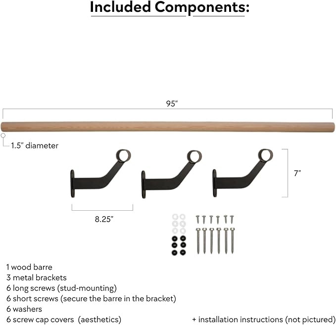 Wall-Mounted Ballet Barre for Home Dance, Exercise, Fitness, Stretching - Made in USA
