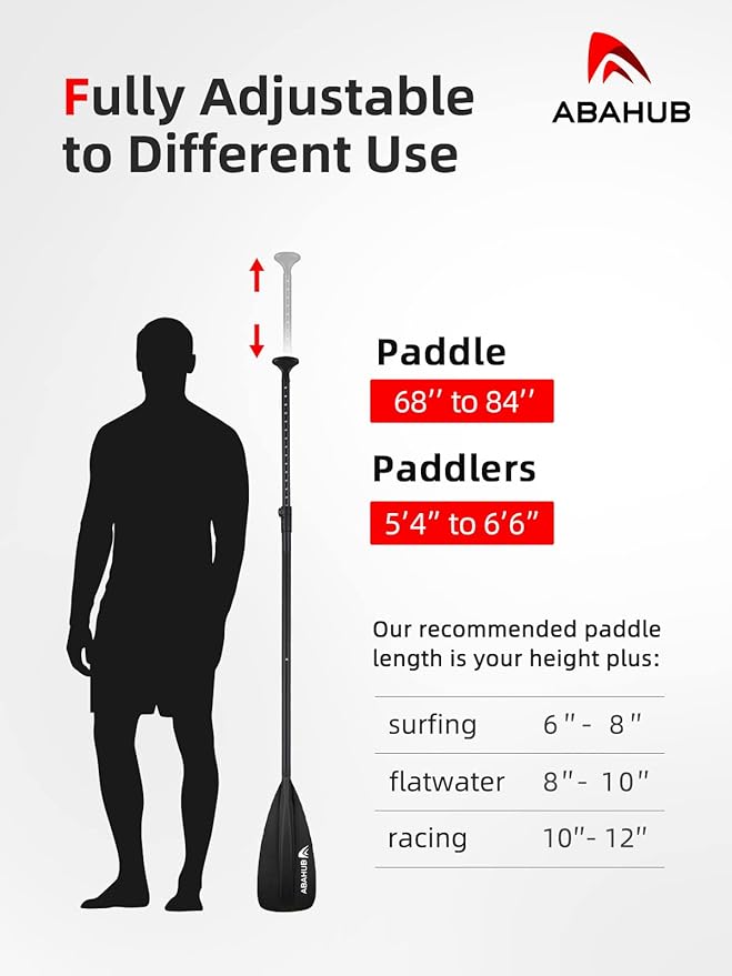Abahub SUP Paddle - 3 Piece Adjustable Paddles - Lightweight Stand-up Paddle Oars for Paddleboard, Adjustable Aluminum Alloy Shaft 68" - 84", Black/Blue/Green/Orange/Red/Yellow Plastic Nylon Blade