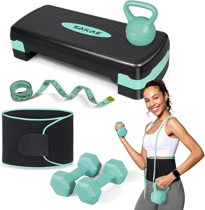 Adjustable Height Aerobic Stepper Set, Multiple Bundle Options with Dumbbells, Kettlebell, Waist Trimmer, Ankle Weights or Weighted Vest, Workout Exercise Step Platform w/Level Risers, 4 Colors
