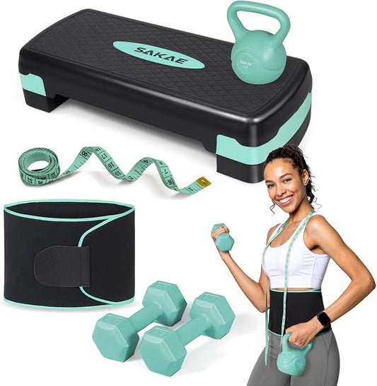 Adjustable Height Aerobic Stepper Set, Multiple Bundle Options with Dumbbells, Kettlebell, Waist Trimmer, Ankle Weights or Weighted Vest, Workout Exercise Step Platform w/Level Risers, 4 Colors