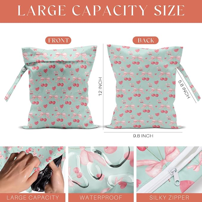 4 Pack Cute Bow Cherry Wet Bag Waterproof Washable Reusable Wet Dry Bag for Swimsuit Dirty Clothes Soiled Items Cloth Diaper Travel Beach Pool Yoga Gym Toiletries Travel Beach Essentials