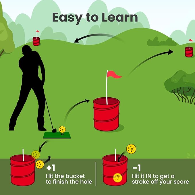 Golf Bucket Yard Game, Backyard Golf Game for Adults Family Kids, Portable 9-Hole Golf Course for Outdoor, Lawn, Park, Beach, Yard, Field Day, Family Reunion, Party Games
