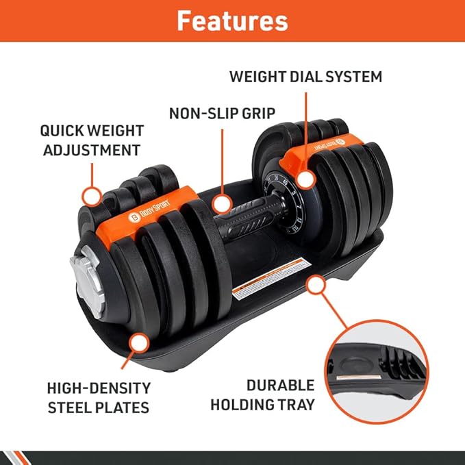BodySport 40 Pound Adjustable Dumbbells – Includes 12 Free Weights, Ranging from 3 to 40 Pounds, Ideal for Home Gym Workouts and Weight Training